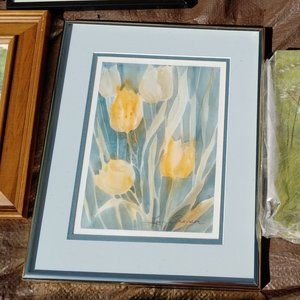 SIGNED, ORIGINAL TULIPS WATERCOLOR WORK ON PAPER IN PALE GOLD FRAME WITH 2 MATS